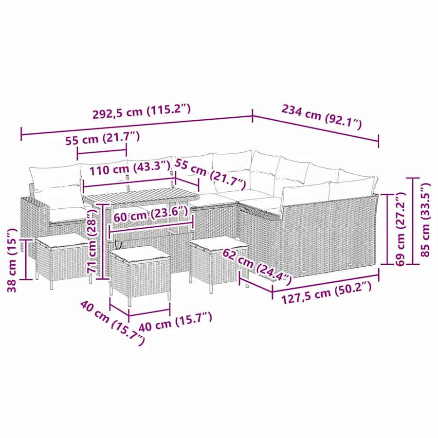 Ensemble de canapé de jardin 14 pcs Noir et Crème polyrotin - 14