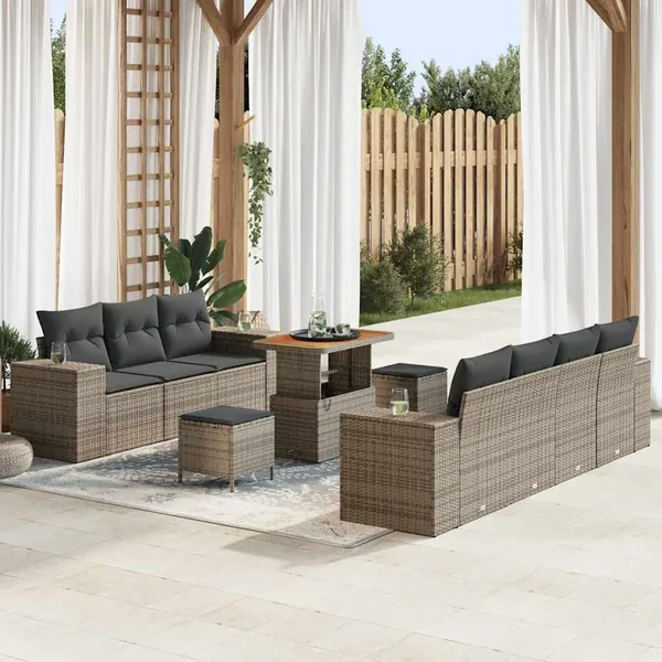 Ensemble de canapé de jardin 10 pcs Gris Poly Rattan