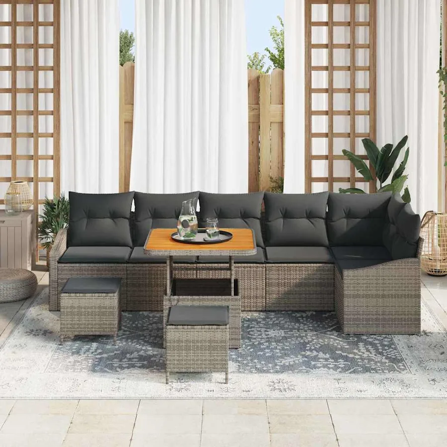 Ensemble de canapé de jardin avec coussin 9 pcs Gris Poly rotin - 3