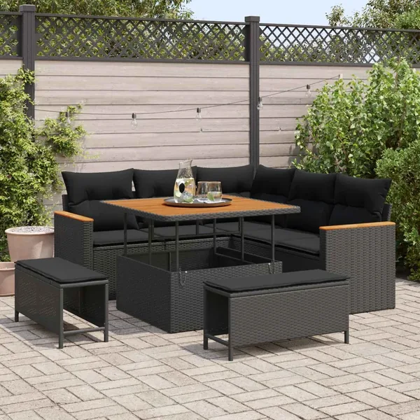Ensemble de canapé de jardin avec coussin 8 pcs Noir Poly rotin