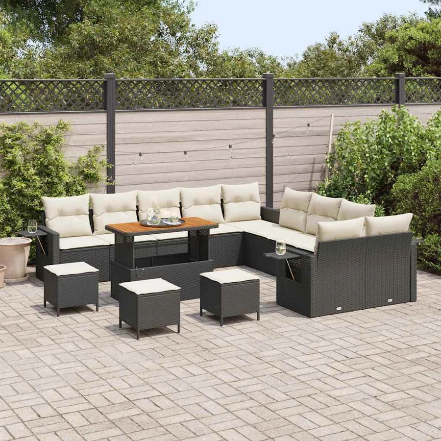 Ensemble de canapé de jardin avec coussin 14 pcs Noir polyrotin - 3