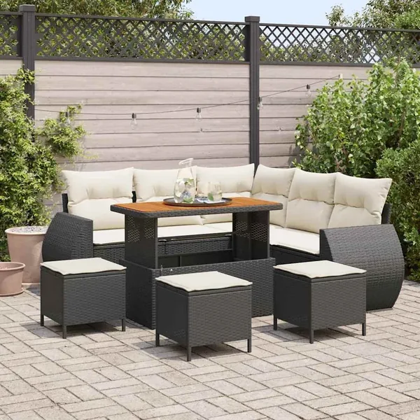 Ensemble de canapé de jardin 9 pcs Noir et Crème polyrotin
