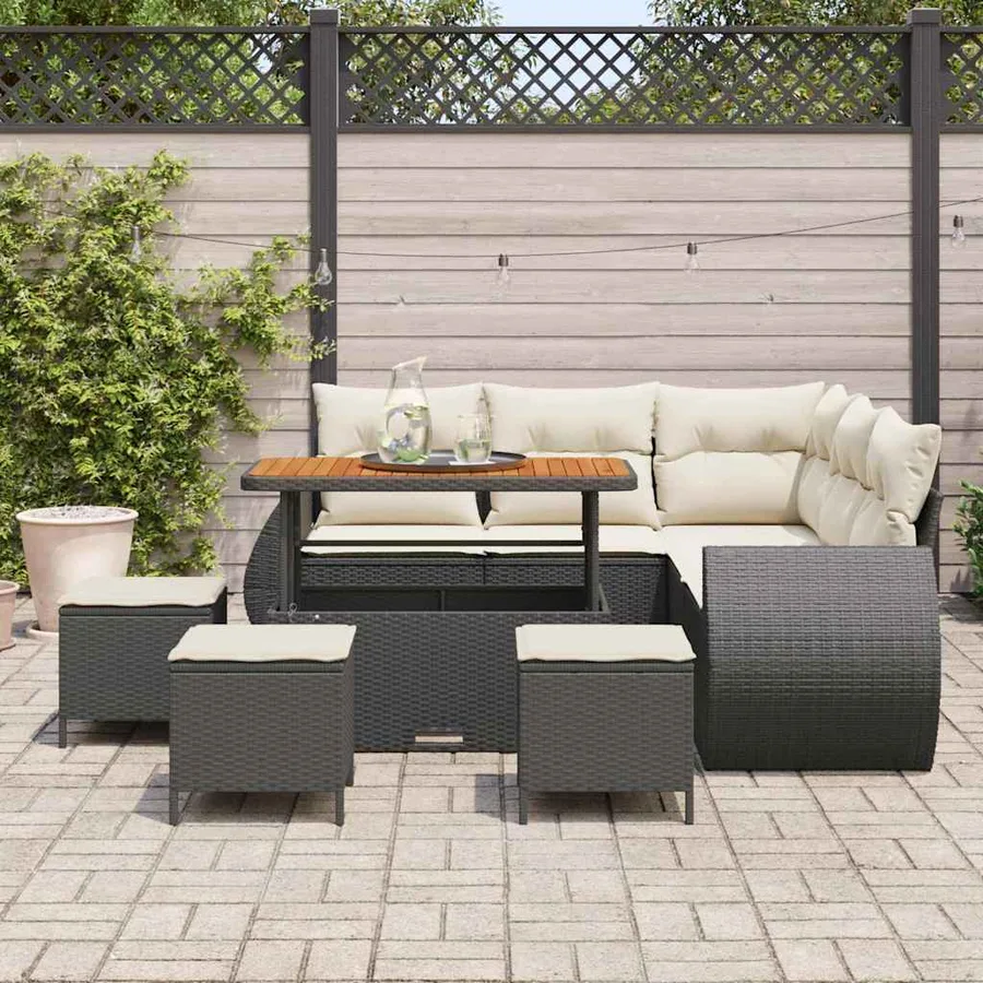 Ensemble de canapé de jardin 9 pcs Noir et Crème polyrotin - 3