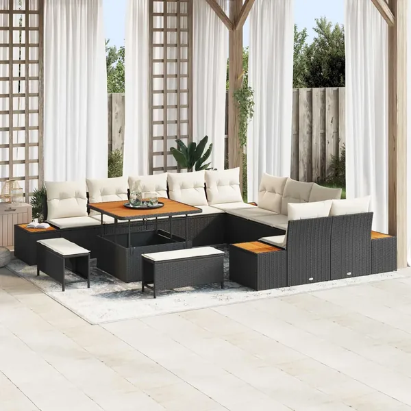 Ensemble de canapé de jardin avec coussin 13 pcs Noir et Crème