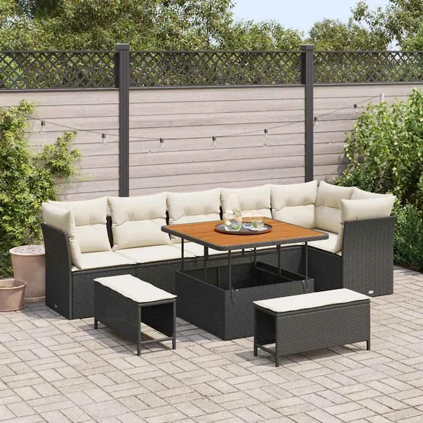 Ensemble de canapé de jardin avec coussin 9 pcs Noir et crème