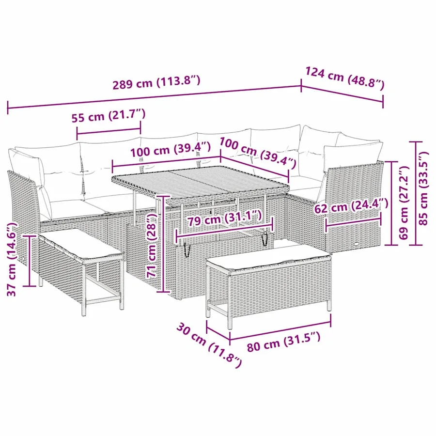 Ensemble de canapé de jardin avec coussin 9 pcs Noir et crème - 12