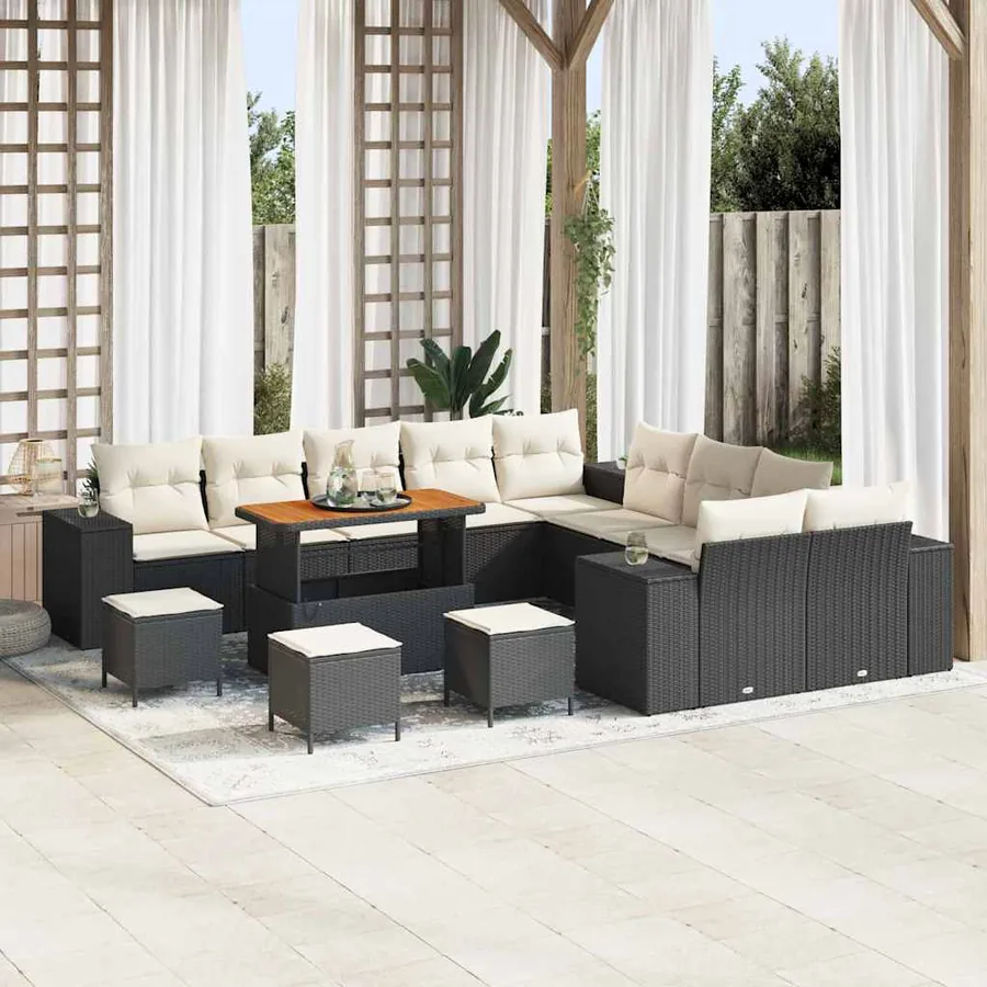Ensemble de canapé de jardin 14 pcs Noir et Crème polyrotin