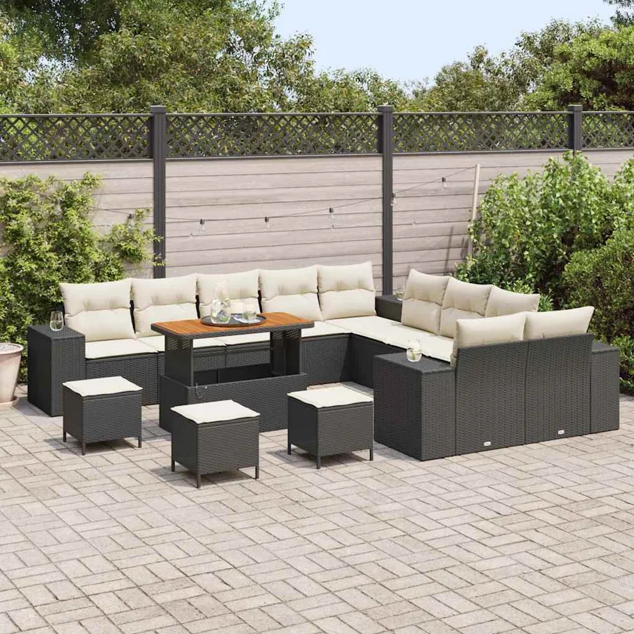 Ensemble de canapé de jardin 14 pcs Noir et Crème polyrotin - 3