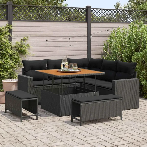 Ensemble de canapé de jardin avec coussin 9 pcs Noir polyrotin