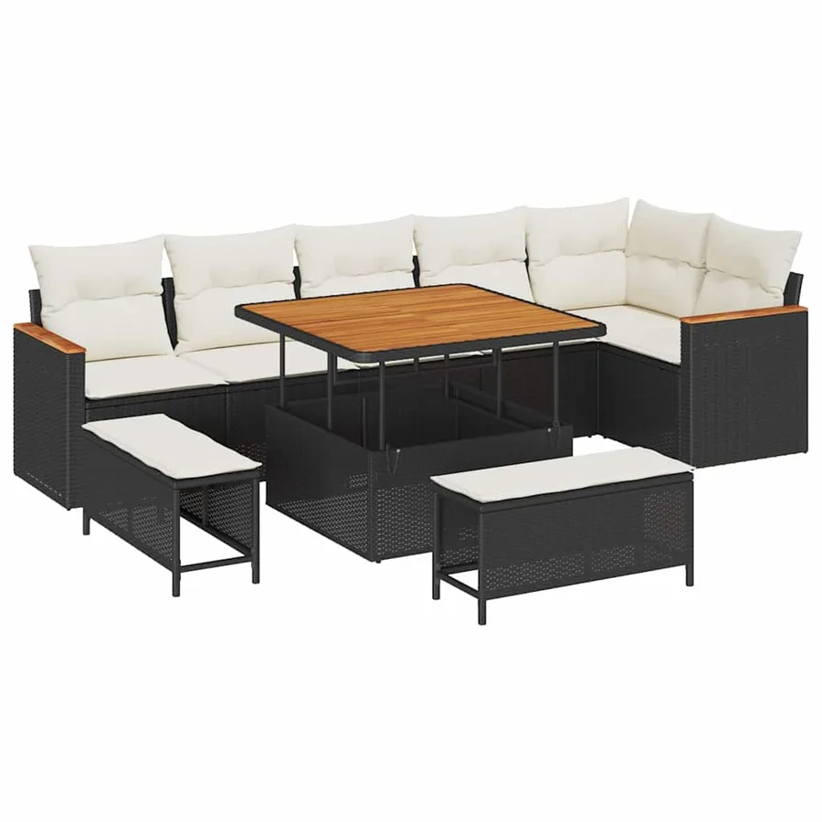 Ensemble de canapé de jardin avec coussin 9 pcs Noir Poly rotin - 2