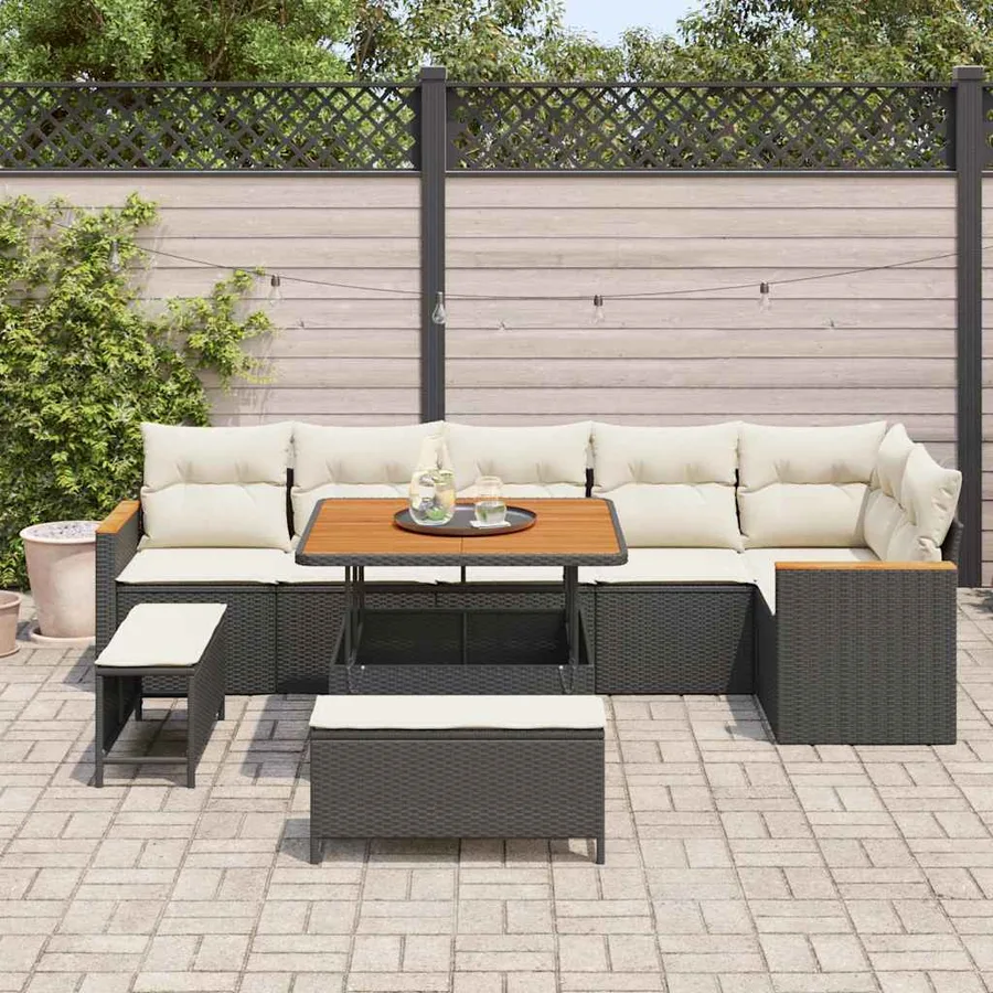Ensemble de canapé de jardin avec coussin 9 pcs Noir Poly rotin - 3