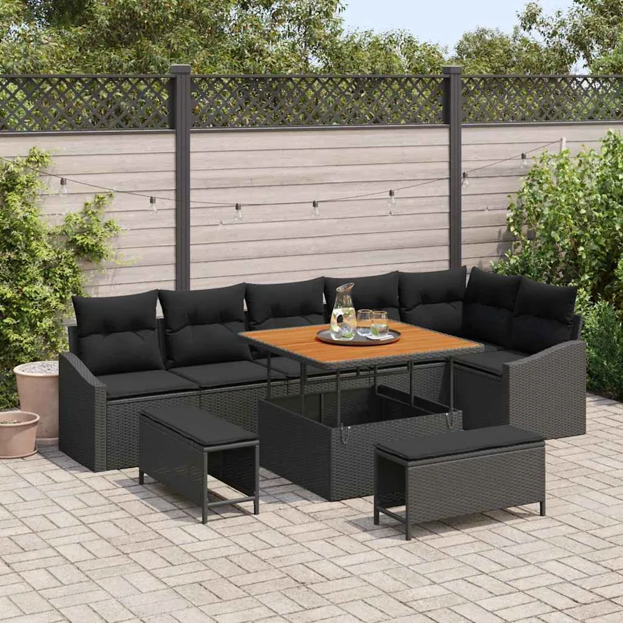 Ensemble de canapé de jardin avec coussin 9 pcs Noir Poly rotin