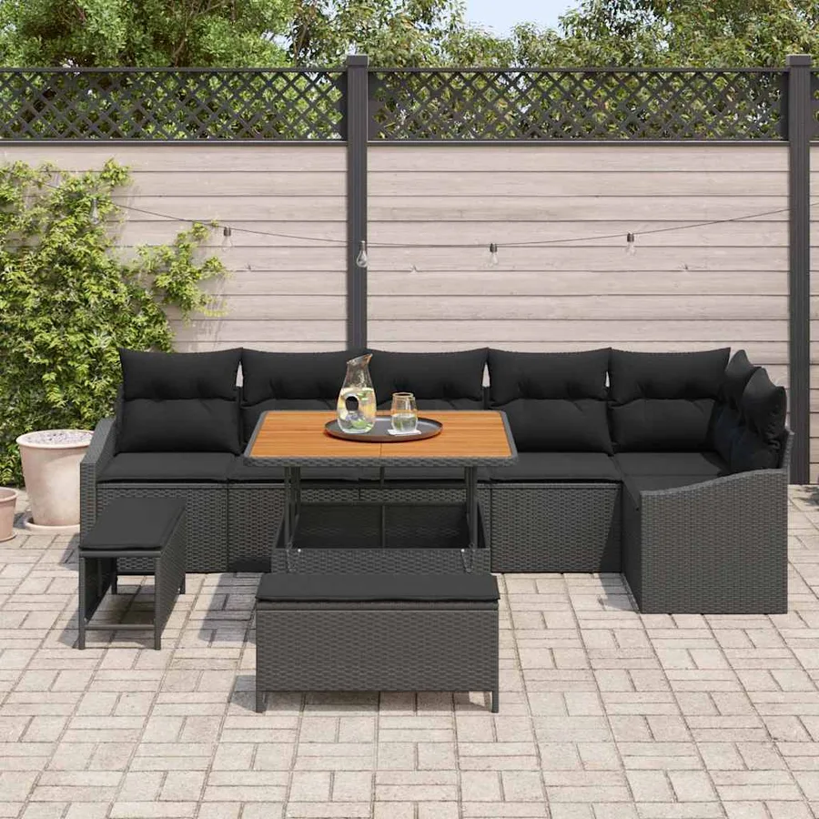 Ensemble de canapé de jardin avec coussin 9 pcs Noir Poly rotin - 3