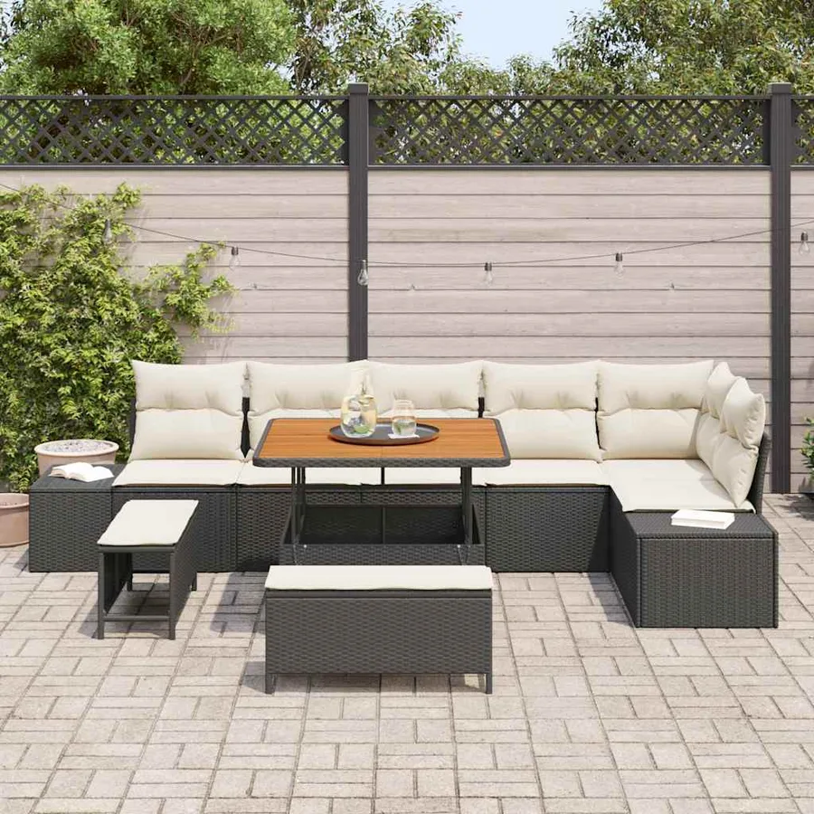 Ensemble de canapé de jardin avec coussin 9 pcs Noir Poly rotin - 3