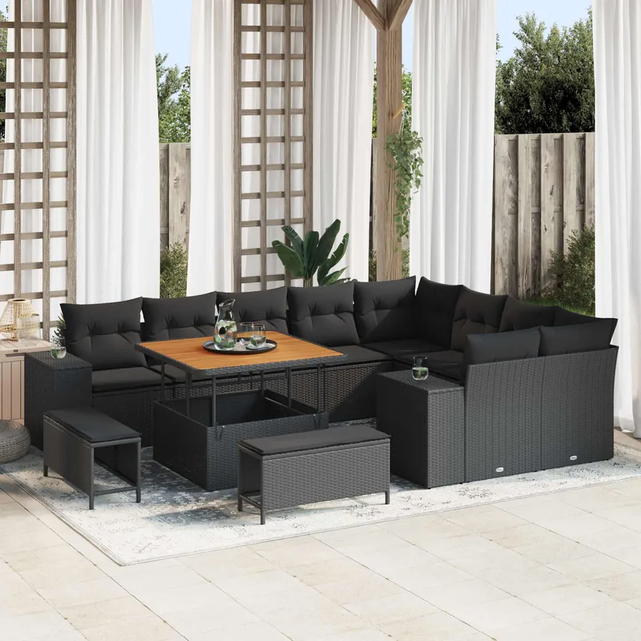 Ensemble de canapé de jardin avec coussin 12 pcs Noir polyrotin