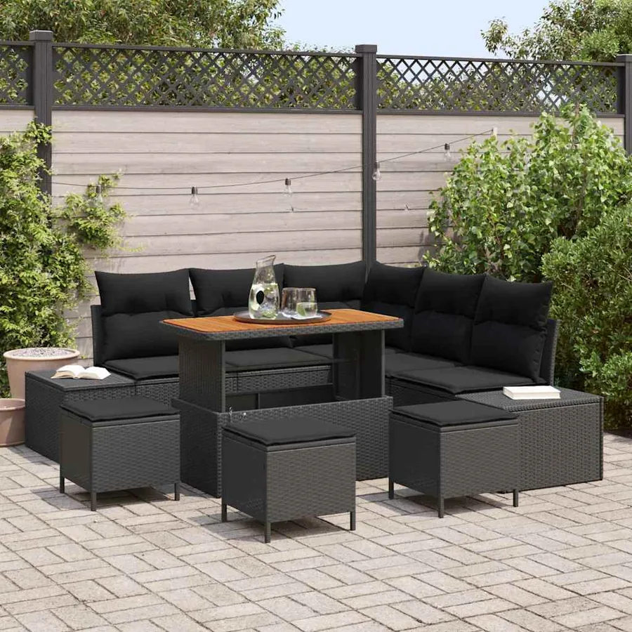 Ensemble de canapé de jardin avec coussin 9 pcs Noir Poly rotin