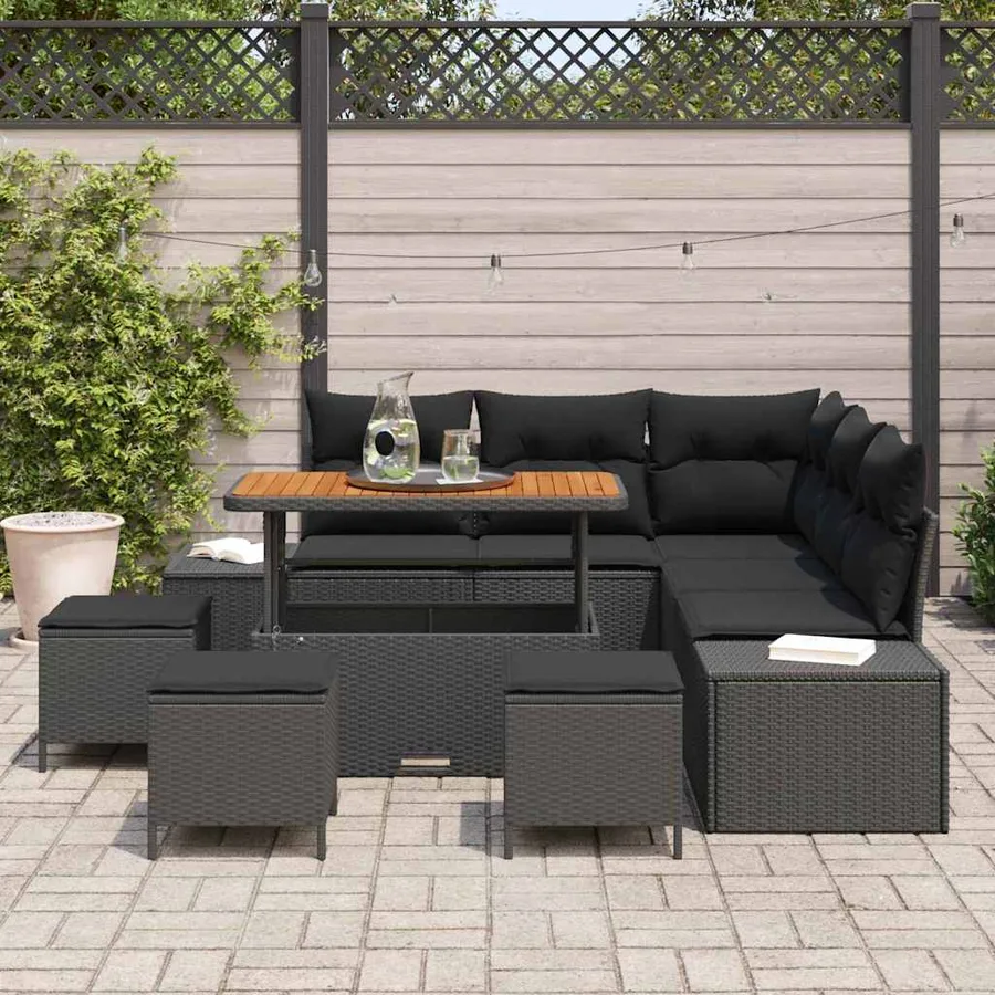 Ensemble de canapé de jardin avec coussin 9 pcs Noir Poly rotin - 3