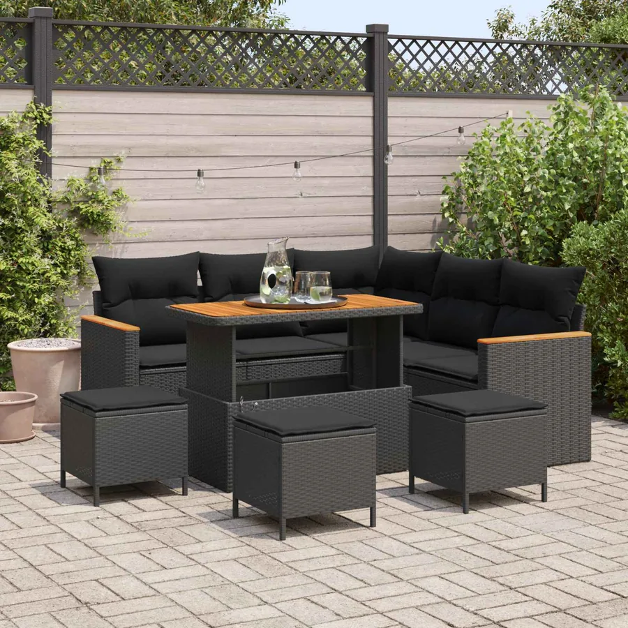 Ensemble de canapé de jardin avec coussin Noir Poly rotin