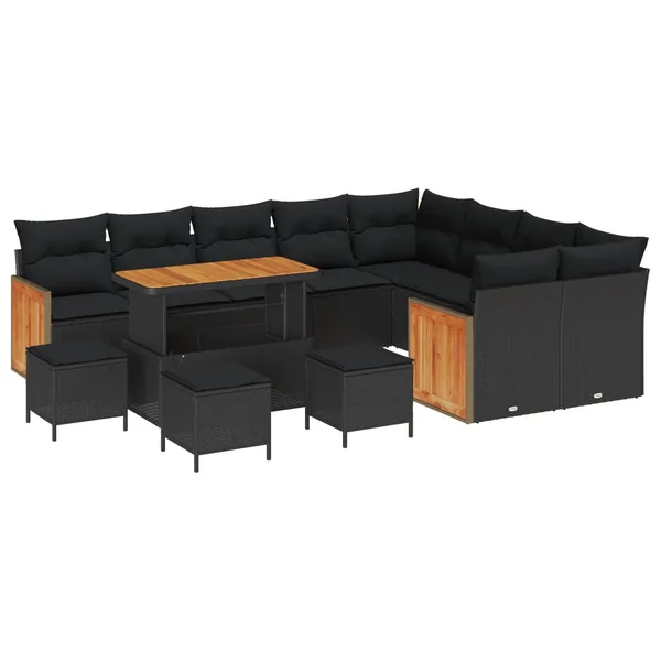 Ensemble de canapé de jardin avec coussin 14 pcs Noir polyrotin