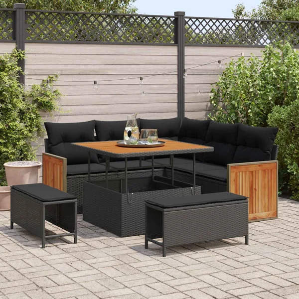 Ensemble de canapé de jardin avec coussin 9 pcs Noir polyrotin