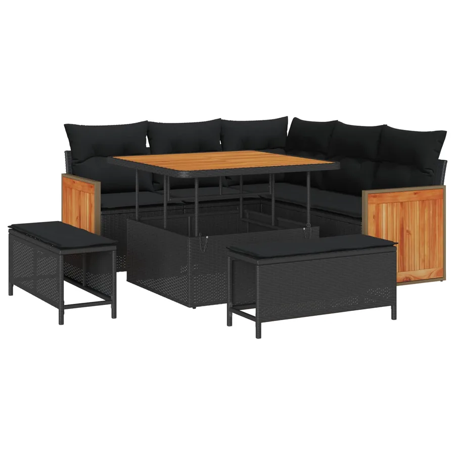 Ensemble de canapé de jardin avec coussin 9 pcs Noir polyrotin - 2
