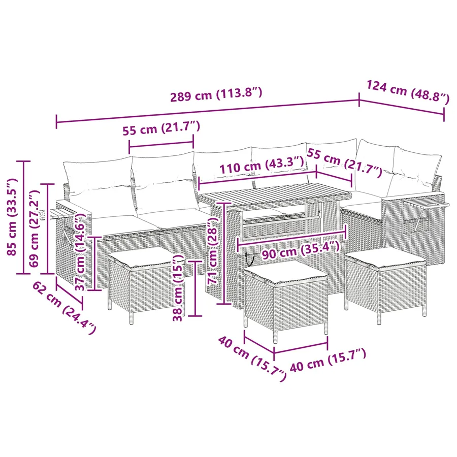 Ensemble de canapé de jardin avec coussin 12 pcs Noir polyrotin - 19