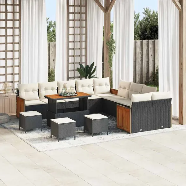 Ensemble de canapé de jardin 18 pcs Noir et Crème polyrotin