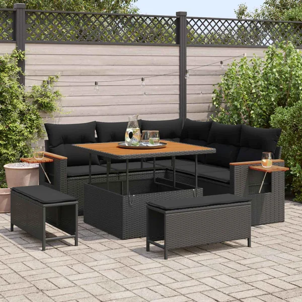 Ensemble de canapé de jardin avec coussin 9 pcs Noir polyrotin