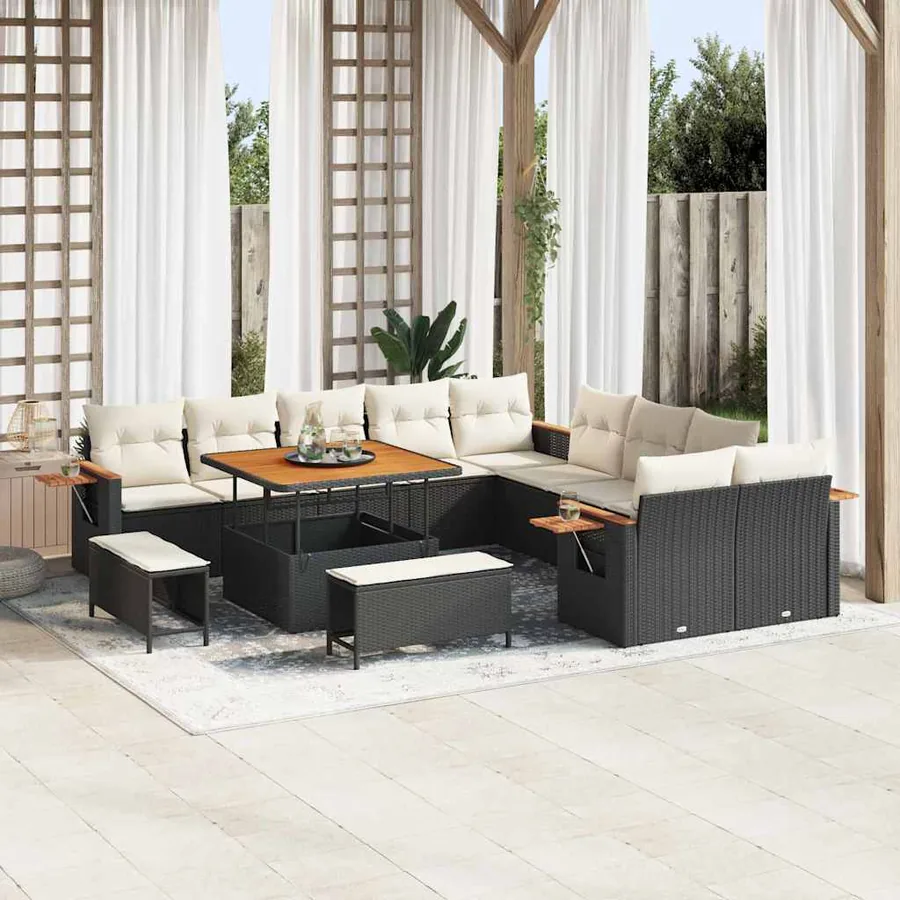 Ensemble de canapé de jardin 17 pcs Noir et Crème polyrotin