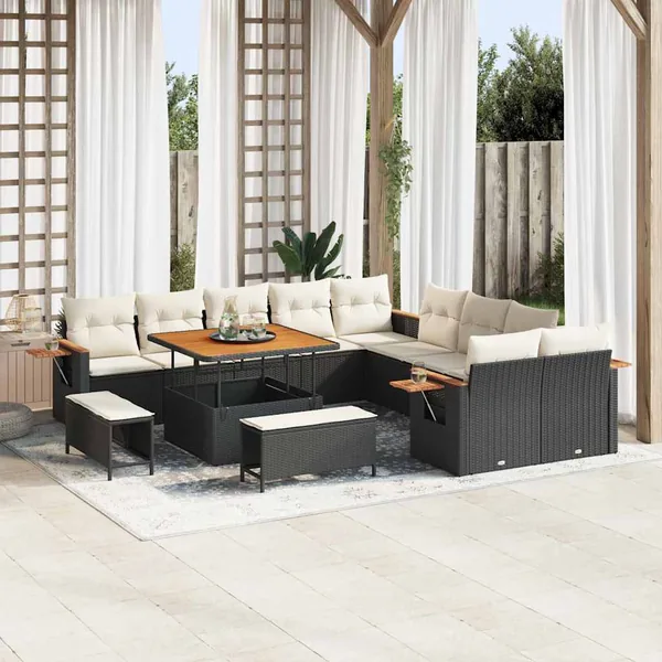 Ensemble de canapé de jardin 17 pcs Noir et Crème polyrotin
