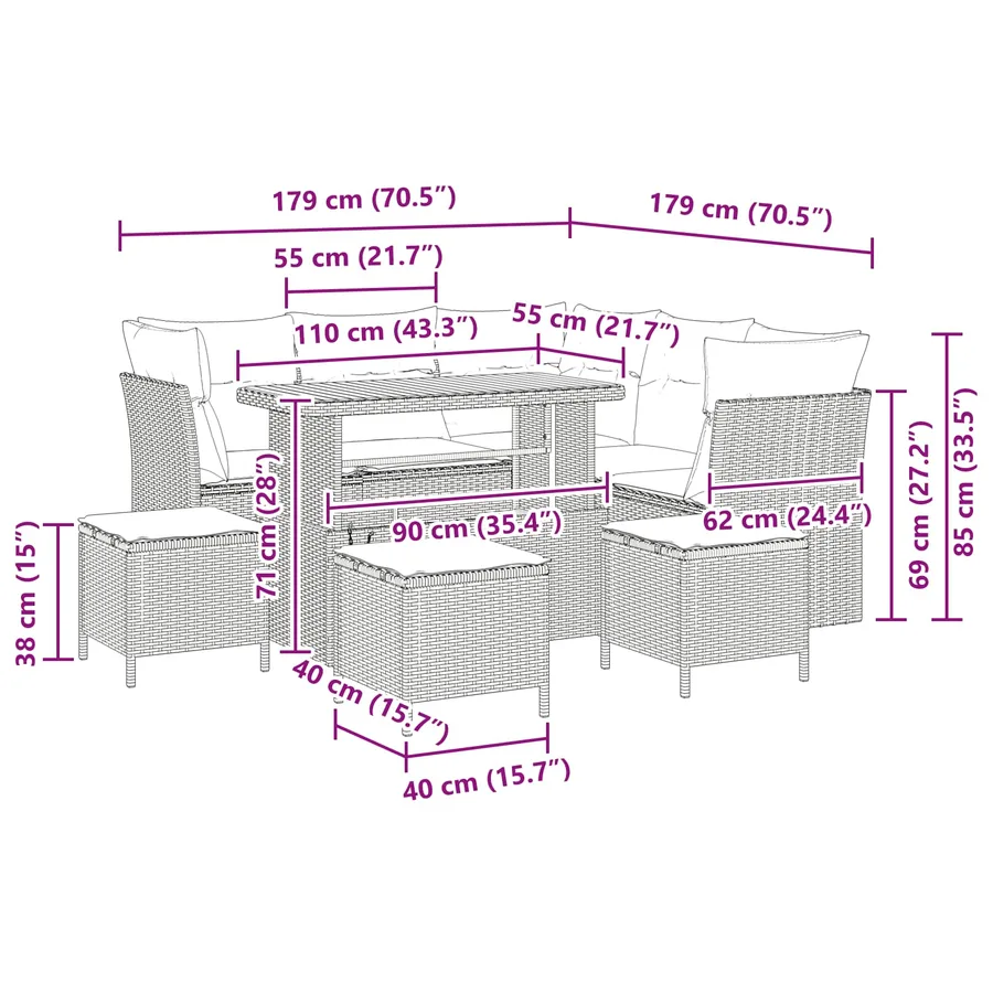 Ensemble de canapé de jardin avec coussin 9 pcs Noir - 12