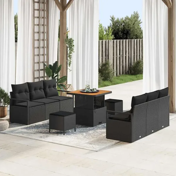 Ensemble de canapé de jardin avec coussin 9 pcs Noir polyrotin