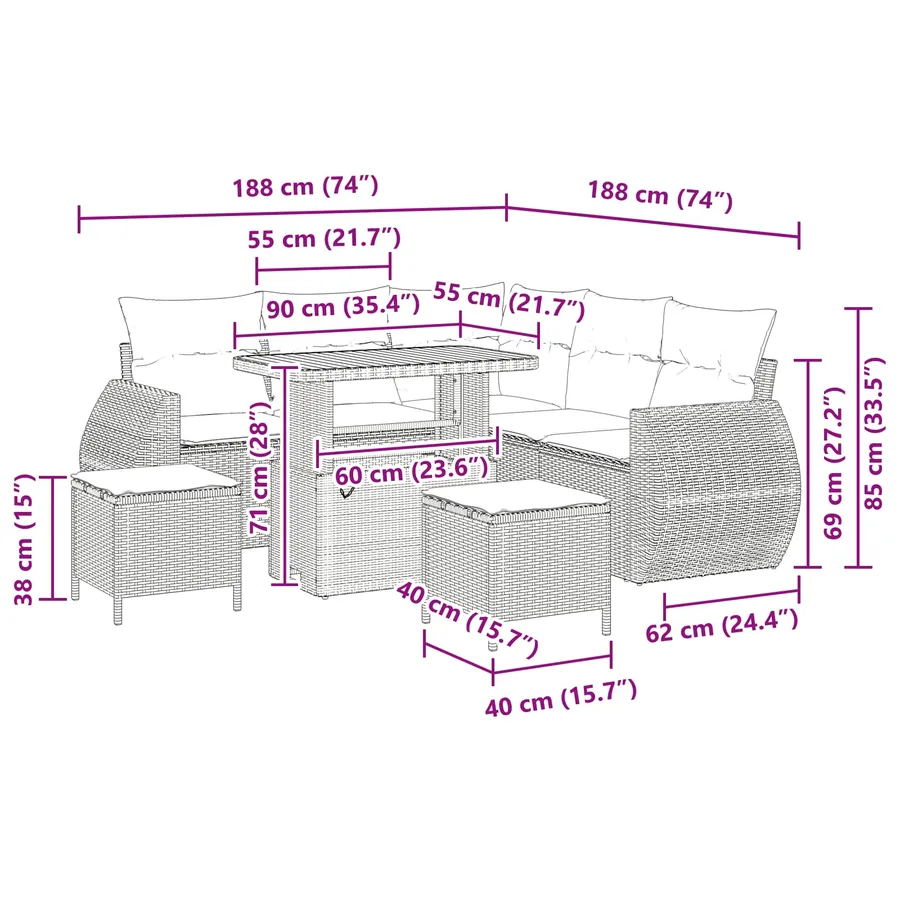 Ensemble de canapé de jardin avec coussin 8 pcs Noir polyrotin - 18