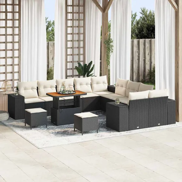 Ensemble de canapé de jardin 13 pcs Noir et Crème polyrotin