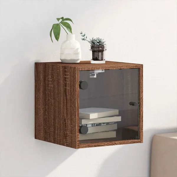 Table de chevet avec porte en verre chêne marron 35x37x35 cm
