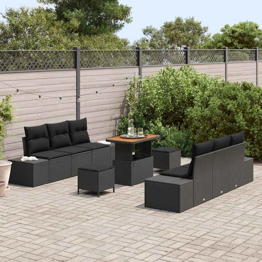 Ensemble de canapé de jardin avec coussin 9 pcs Noir polyrotin - 3