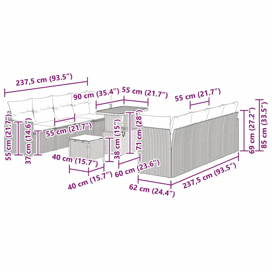 Ensemble de canapé de jardin 12 pcs Noir et Crème polyrotin - 14