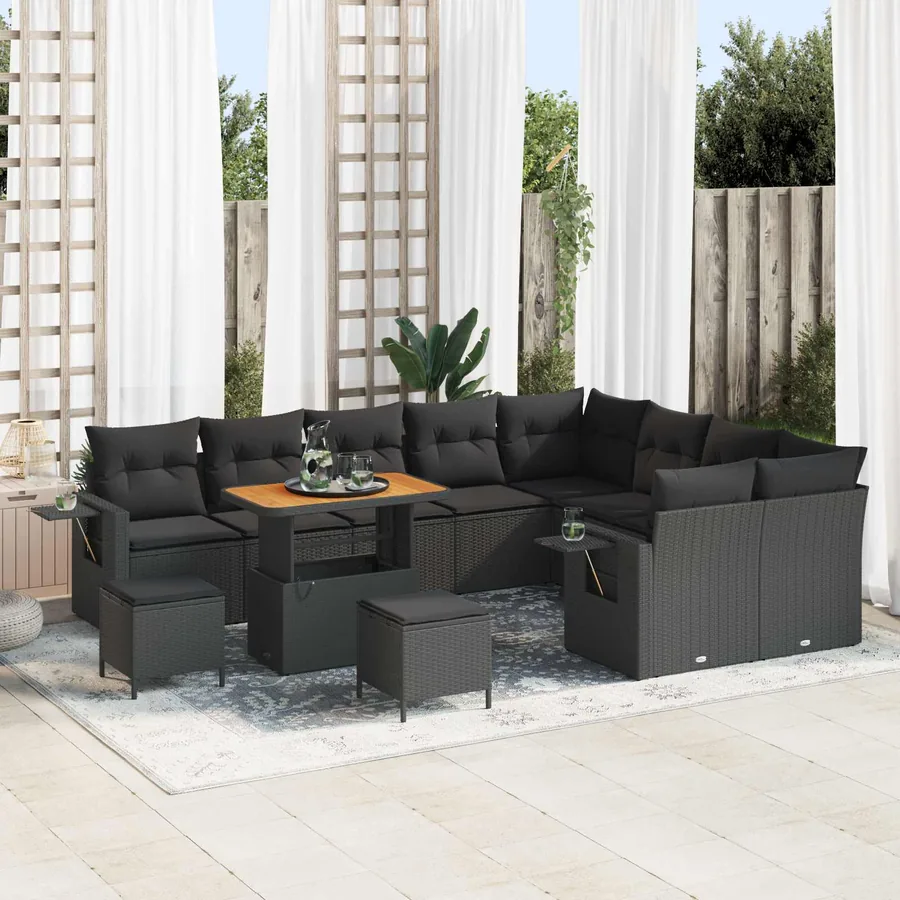 Ensemble de canapé de jardin avec coussin 12 pcs Noir polyrotin