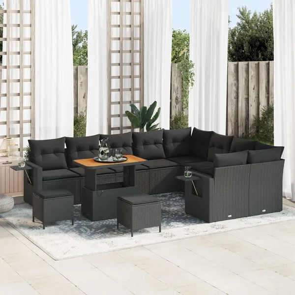 Ensemble de canapé de jardin avec coussin 12 pcs Noir polyrotin