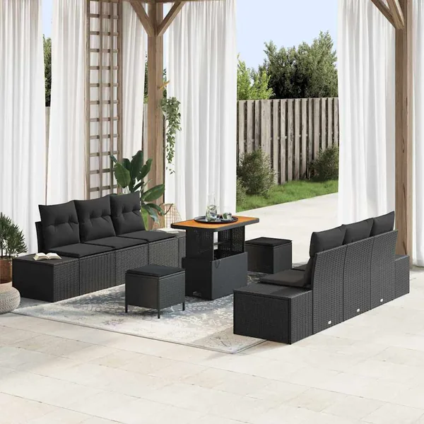 Ensemble de canapé de jardin avec coussin 9 pcs Noir Poly rotin