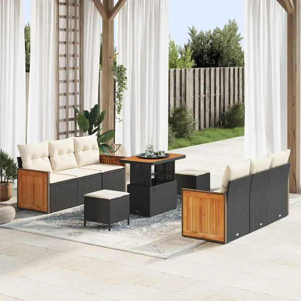 Ensemble de canapé de jardin 11 pcs Noir et Crème polyrotin