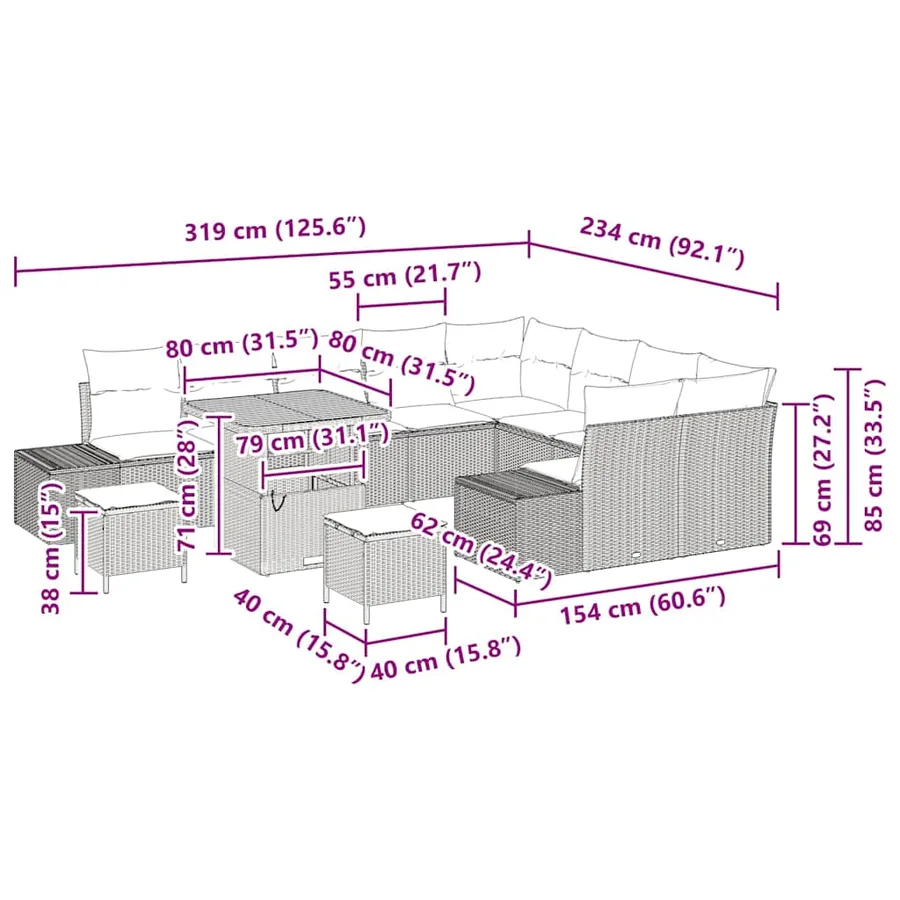 Ensemble de canapé de jardin 12 pcs Noir Poly rotin - 14