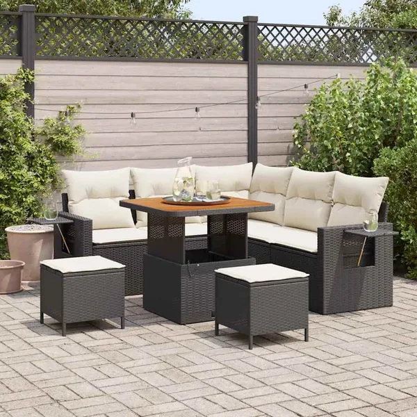 Ensemble de canapé de jardin 9 pcs Noir et Crème polyrotin