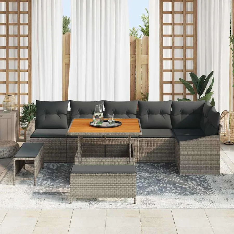 Ensemble de canapé de jardin avec coussin 9 pcs Gris polyrotin - 3