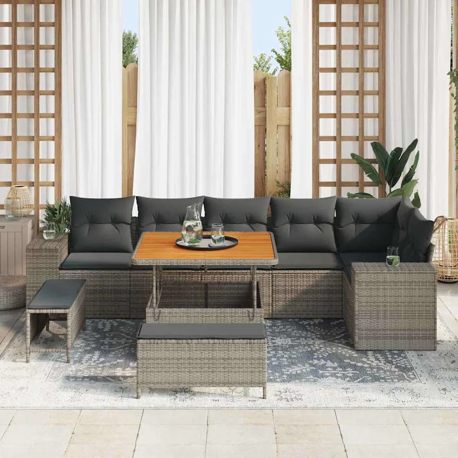 Ensemble de canapé de jardin avec coussin 9 pcs Gris polyrotin - 3
