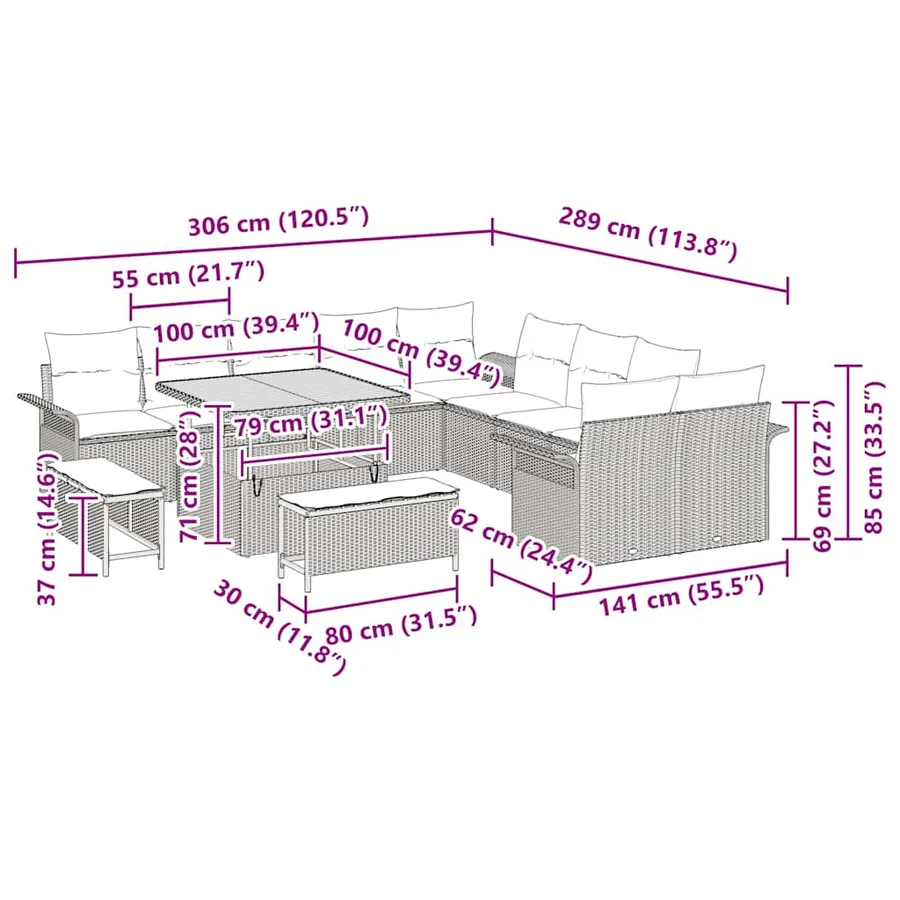 Ensemble de canapé de jardin avec coussin 13 pcs Gris - 15