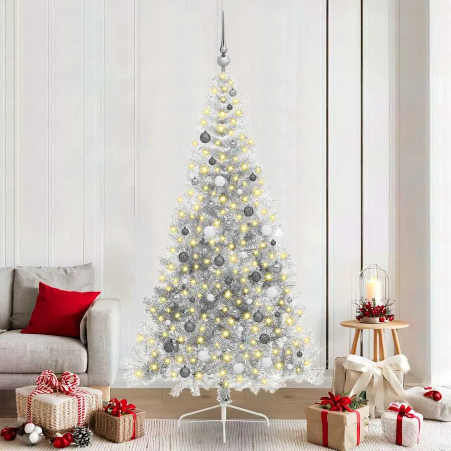 Sapin de Noël artificiel pré-éclairé Argent 210 cm PET