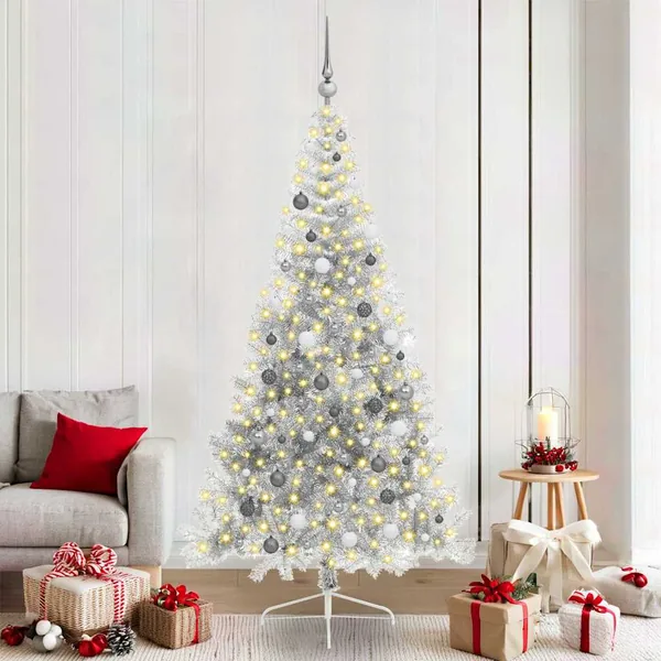 Sapin de Noël artificiel pré-éclairé Argent 210 cm PET