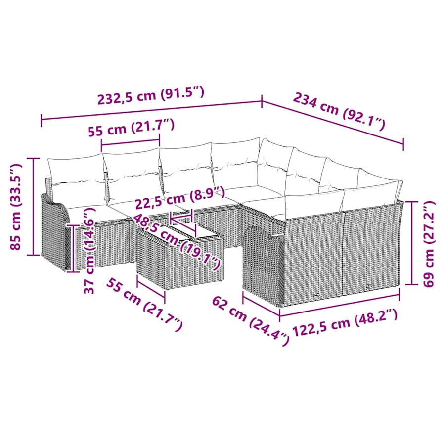 Ensemble de canapé de jardin 9 pcs Marron polyrotin - 9