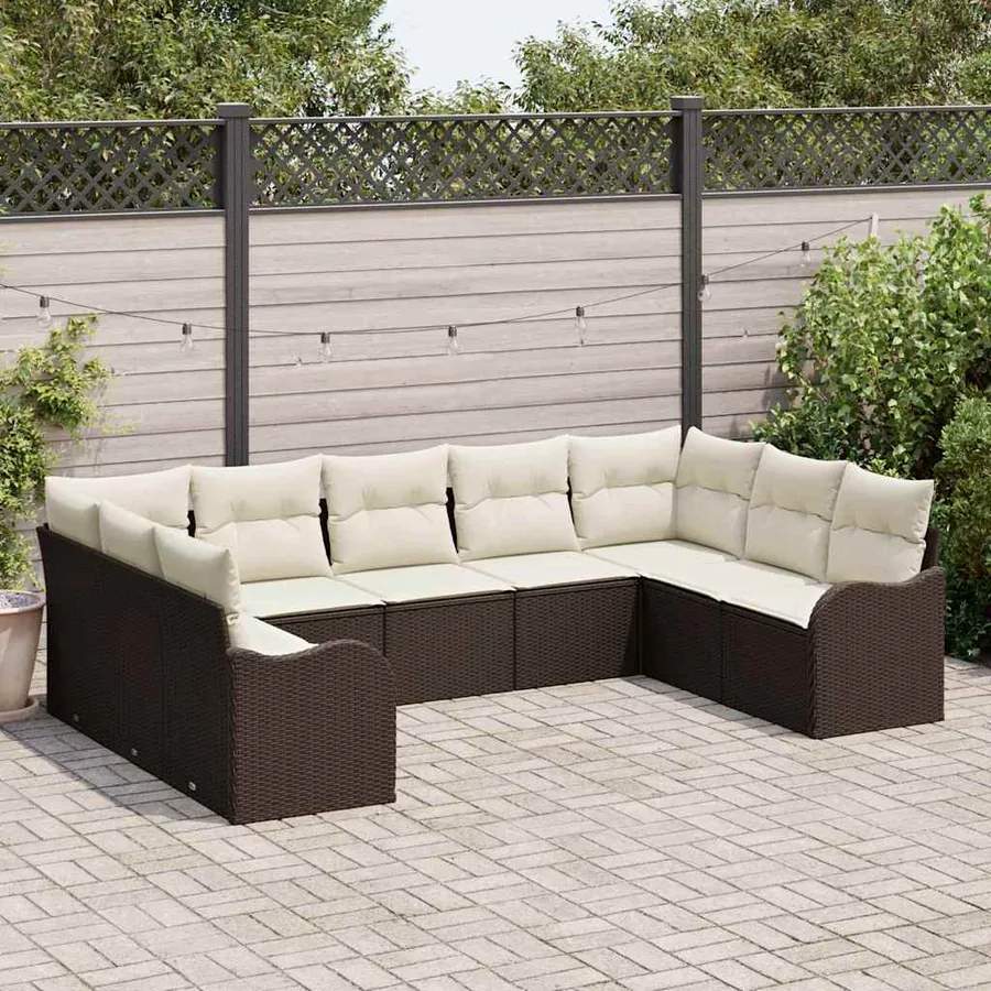 Ensemble de canapé de jardin 9 pcs Marron et blanc polyrotin